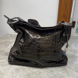 Brighton Glossy Black Crocodile-Embossed Shoulder Bag